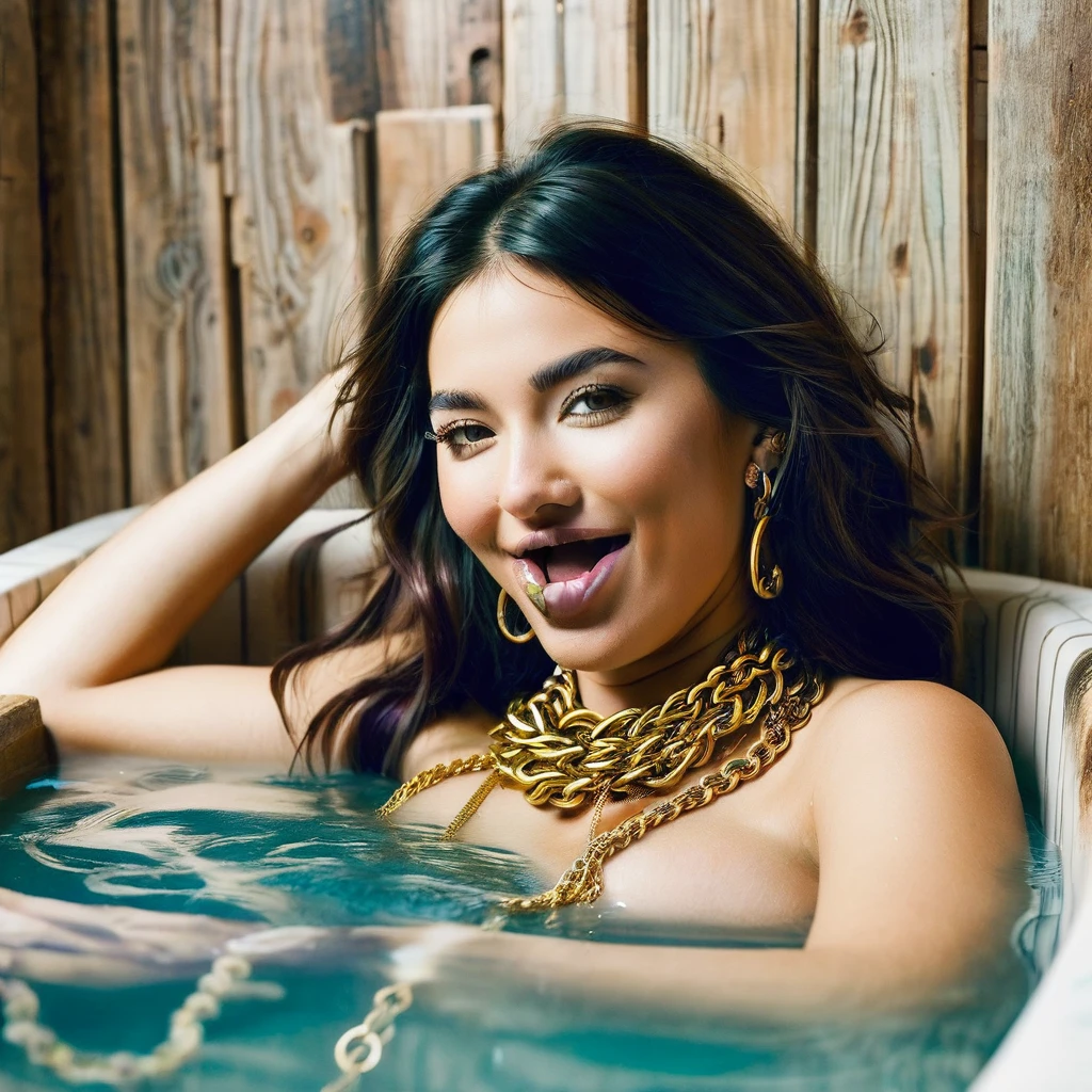 In this image, we see a bearded woman laying in a bathtub with her tongue playfully sticking out. The woman appears relaxed and carefree as she enjoys her time in the tub. She has a gold chain around her neck and a piercing on her face, adding to her unique style. The setting is cozy and inviting, with warm tones and a comfortable atmosphere. The woman''s expression is fun and lighthearted, creating a sense of joy and playfulness. Overall, the image conveys a sense of relaxation and self-expression in a private moment of indulgence.