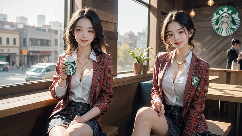 8K、RAW Photos、Highest quality、Super detailed、Super Resolution、Ultra HD、8K壁紙、Amazing details blazer uniform girl ((White blouse with formal collar, A nice red blazer, Black plaid skirt, Red checkered ribbon on blouse)), Complete limbs, Full Finger,
((((Inside the Starbucks store))))、16 year old female student、(((Eat cake、Drink coffee、smile)))、Heart Necklace、Gold bracelet
((Emphasize cleavage))
((((Woman sitting at the window seat))))