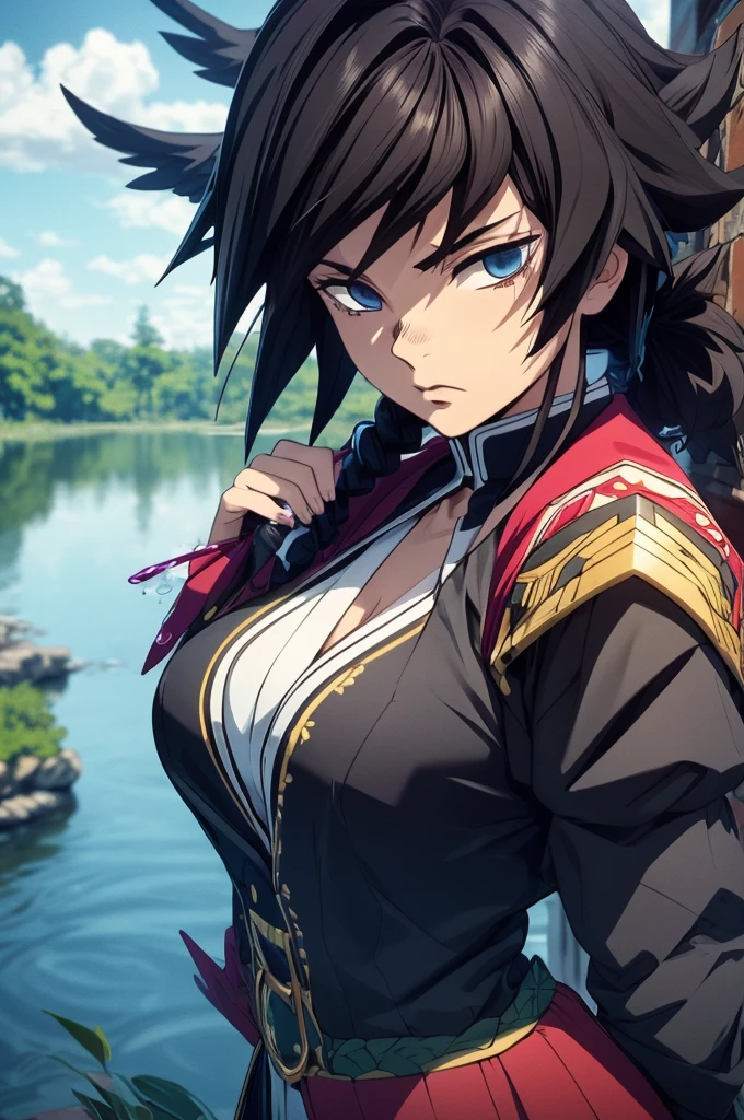 A highly detailed and high resolution masterpiece by Gyu Tomioka, Beautiful yet terrifying dynamic action from the Demon Slayer Corps. There was water in his voyirta, Highlights the intricate details of the water-themed outfit and the intense expression on her face. Set the scene at dusk, Calm lake and water in the background. Using rich colors and three-dimensional light、Expressing mysterious beauty and strength。.