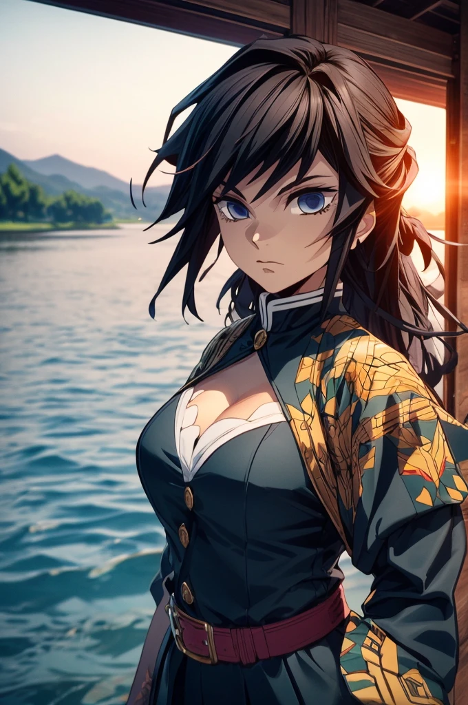 A highly detailed and high resolution masterpiece by Gyu Tomioka, Beautiful yet terrifying dynamic action from the Demon Slayer Corps. There was water in his voyirta, Highlights the intricate details of the water-themed outfit and the intense expression on her face. Set the scene at dusk, Calm lake and water in the background. Using rich colors and three-dimensional light、Expressing mysterious beauty and strength。.