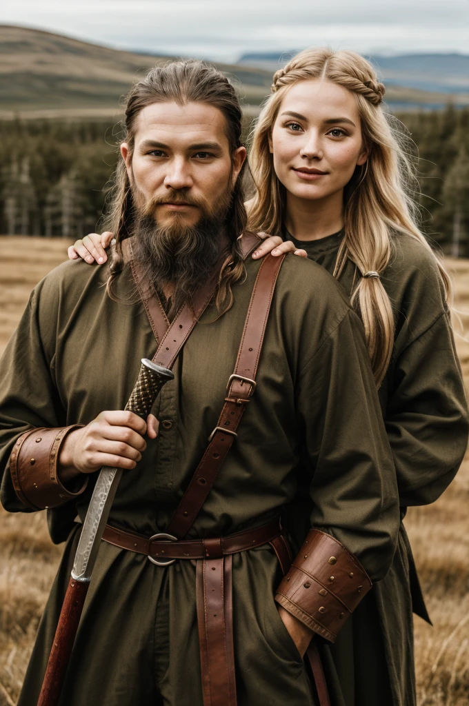 2 people, oil painting, style Viking, full body, couple happy, man and woman, fashion Viking style, close up face with skin pores and wrinkles, centered eyes on camera, natural skin, Authentic Viking clothing, luxury jumpsuit, Viking clothing carrying a sword and shield, 8k UHD, high quality, Fujifilm XT3, natural color palette, In the middle of nature,