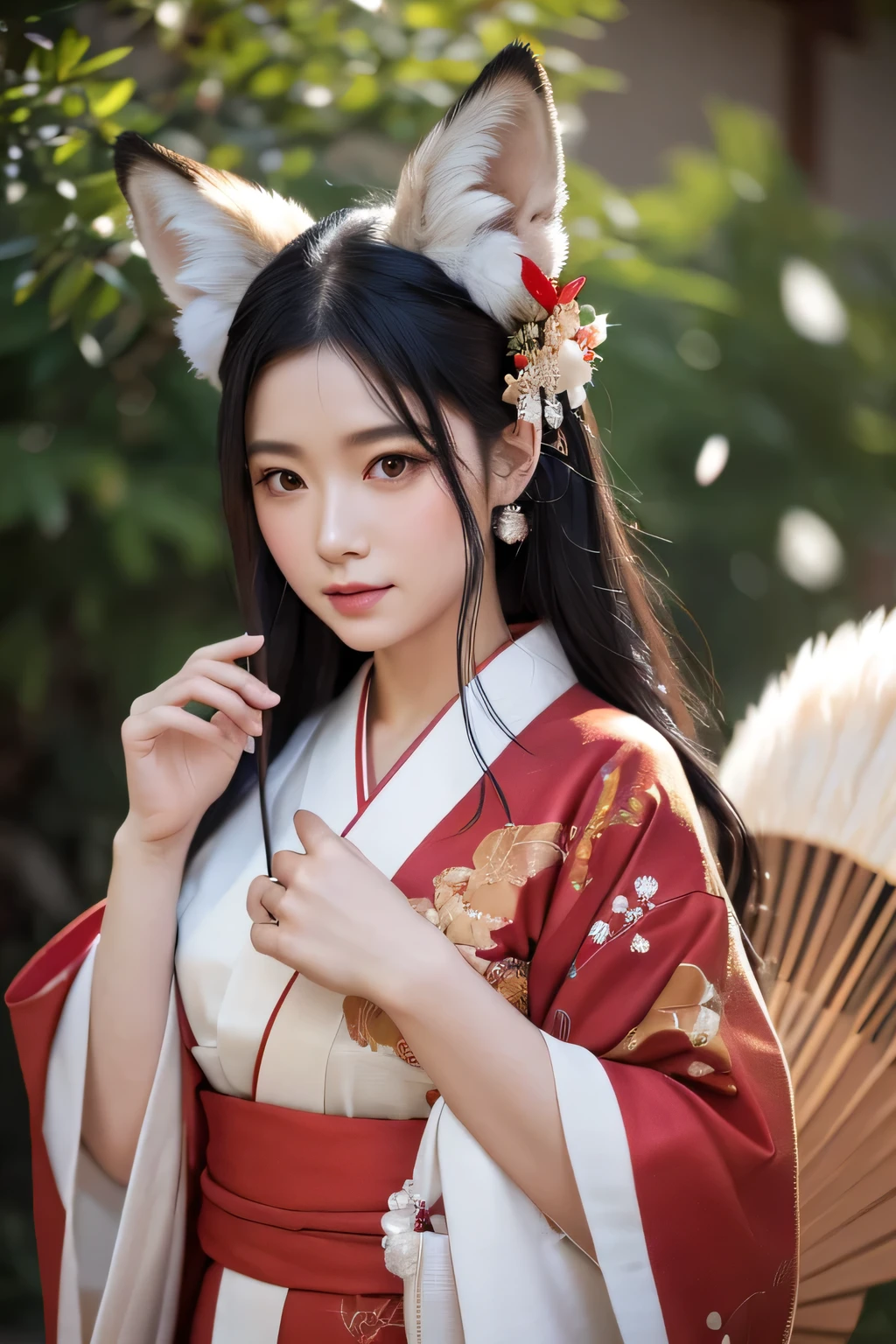 A beautiful cinematic and realistic character, bathed in soft studio light with rim light, showcasing vibrant details. She is a beautiful woman with fox ears, wearing a red and white kimono that sways in the wind. The obi and hem are adorned with colorful decorations. Her long black hair sways as she holds a fan in her hand. She has nine fox tails and stands under a large full moon.