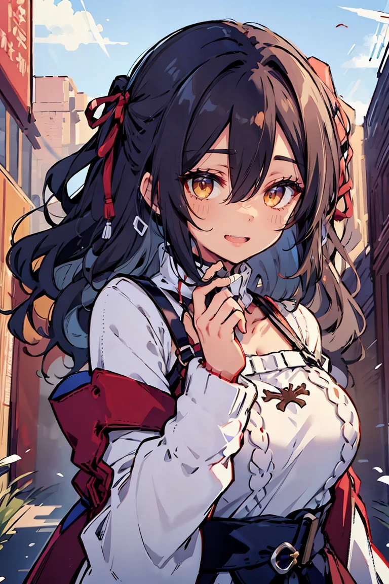 (masterpiece:1.2), (high quality:1.2), (hui xiyi:0.7)rekkyo sensen, rekkyou sensen, girls with((black hair, bangs, (one side up, long wavy hair:1.55), hand up, waving is hands, perfect hands, perfect fingers, exposed breasts, tits cleavage, breasts close up, dress((suspenders, dress:0.65), (belts:0.7), (blue clothes, frills shirt, white knit sweater, long sleeves, straps, ribbon:1.2)), upper body)), background with((fantasy world, ruin, castle, beautiful sky, shining sky, sunshine))