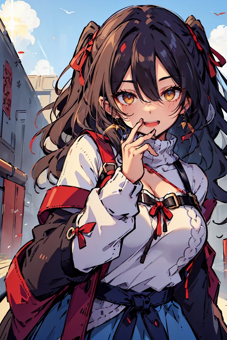 (masterpiece:1.2), (high quality:1.2), (hui xiyi:0.7)rekkyo sensen, rekkyou sensen, girls with((black hair, bangs, (one side up, long wavy hair:1.55), hand up, waving is hands, perfect hands, perfect fingers, exposed breasts, tits cleavage, breasts close up, dress((suspenders, dress:0.65), (belts:0.7), (blue clothes, frills shirt, white knit sweater, long sleeves, straps, ribbon:1.2)), upper body)), background with((fantasy world, ruin, castle, beautiful sky, shining sky, sunshine))