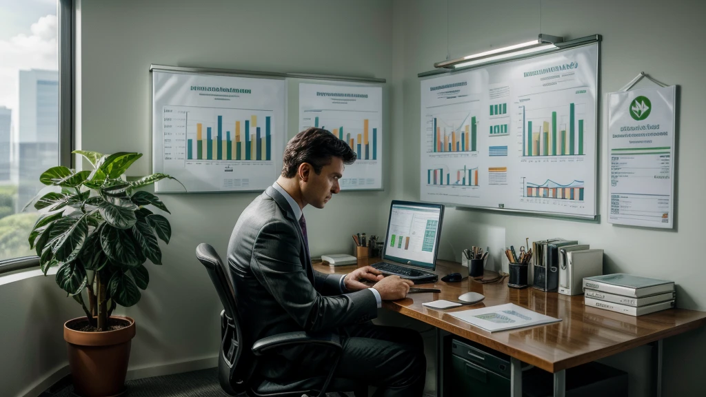 A businessman is intently planning an environmental protection initiative in a modern office setting. He is surrounded by various charts and graphs displaying data related to ESG (Environmental, Social, and Governance) metrics, indicating a focus on sustainability and eco-friendly practices. The charts include figures on carbon emissions, renewable energy usage, and social impact statistics. On his desk, there's a paper chart prominently showing a rising trend in green energy adoption. The background features elements of nature, such as potted plants and a large window overlooking a lush green landscape, symbolizing a clean and sustainable future. The businessman is dressed in a professional suit, with rolled-up sleeves, emphasizing his hands-on approach to environmental stewardship.