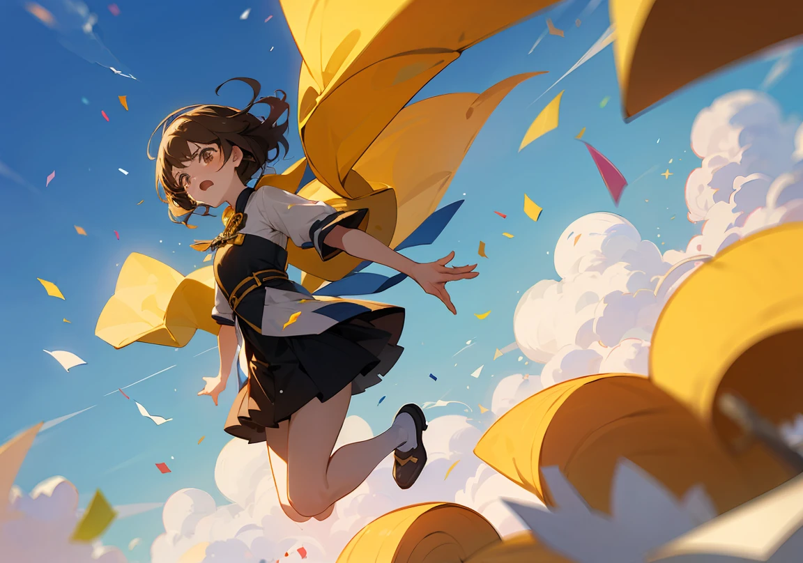 ((Highest quality)), ((masterpiece)), ((Very detailed)),floatingする女の子,Angry expression，floating，floating，Confetti，Brown Hair,tears,Rapid Rise,最高masterpiece,Blue sky and clouds background,Raise your feet into the air