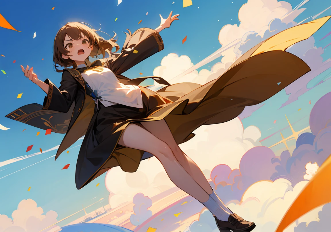 ((Highest quality)), ((masterpiece)), ((Very detailed)),floatingする女の子,Angry expression,floating,floating,Confetti,Brown Hair,tears,Rapid Rise,最高masterpiece,Blue sky and clouds background,Raise your feet into the air