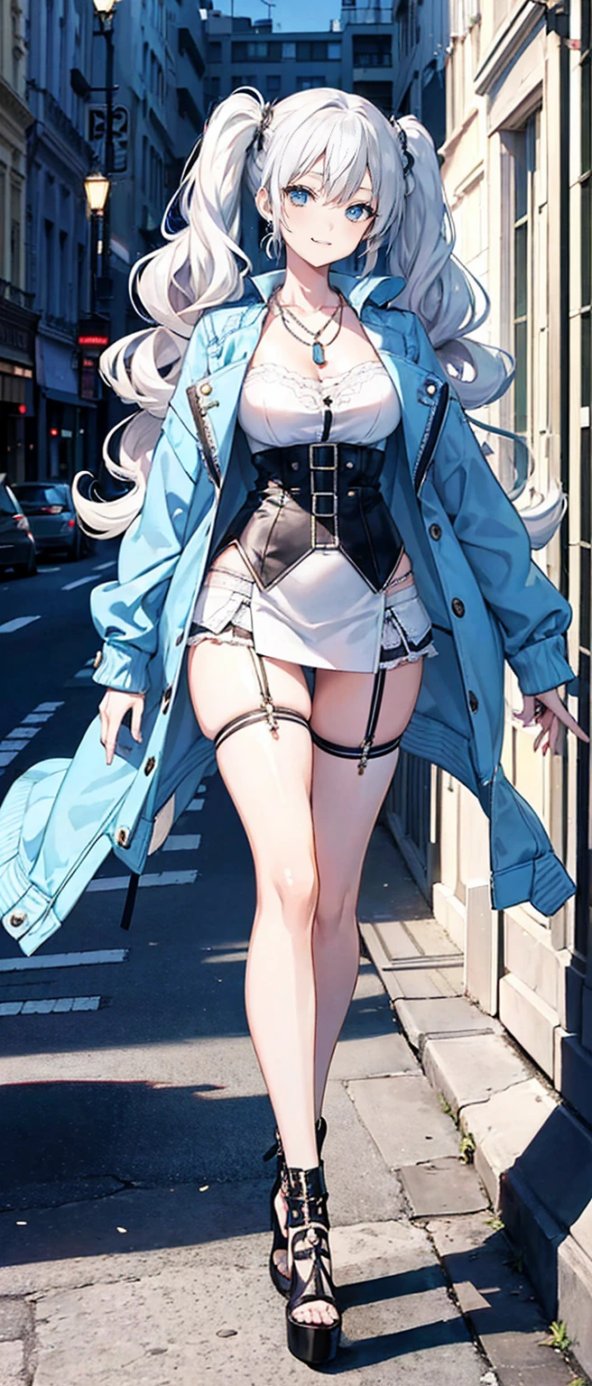 High resolution, high resolution,2D Anime Style,,Cool woman,Mature look,tall,20th Generation,White hair long hair,Curly hair twin tails,Light blue eyes,Gal,Beautiful watch,Beautiful earrings,Beautiful necklace,Wearing a jacket,garter belt,Punk Fashion,He is smiling a little,whole body,Walking around the city,