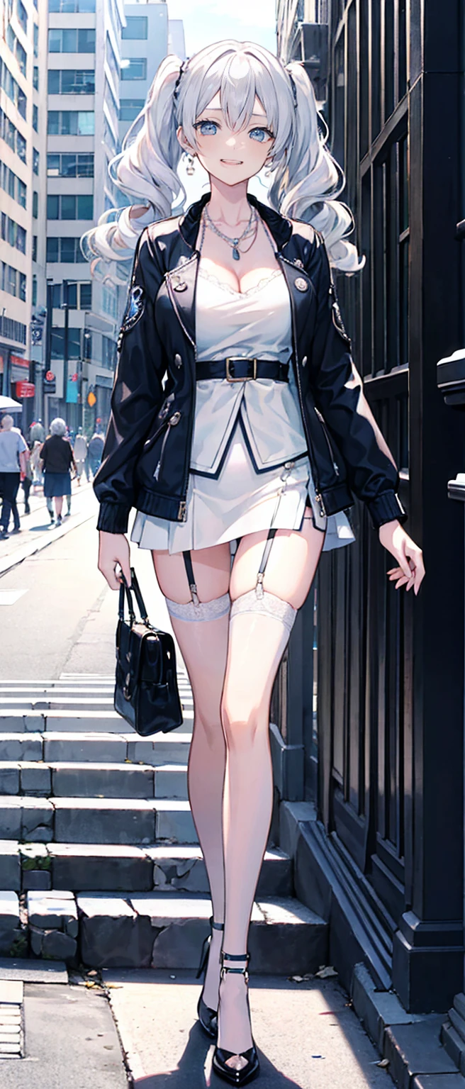 High resolution, high resolution,2D Anime Style,,Cool woman,Mature look,tall,20th Generation,White hair long hair,Curly hair twin tails,Light blue eyes,Gal,Beautiful watch,Beautiful earrings,Beautiful necklace,Wearing a jacket,garter belt,Punk Fashion,He is smiling a little,whole body,Walking around the city,