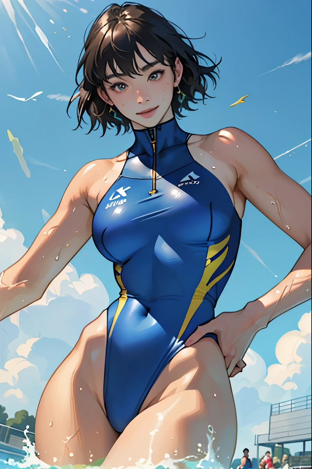masterpiece、Highest quality、High resolution、Two realistic girls、Competitive swimmer、Close-up of a person、Wearing a blue bodysuit、During Competitive swimmerics competitions、smile、Swimming Venues、sexy competition swimwear