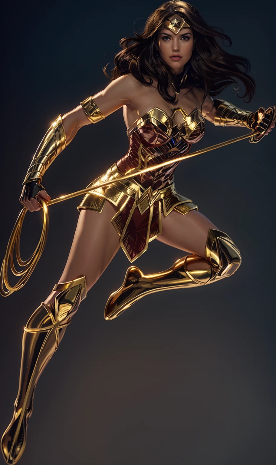 The character Wonder Woman flying in the skies,holding the golden and shiny rope, Holding your shiny golden bow,   perfect costume, soft curves, bright blue eyes and gorgeous 