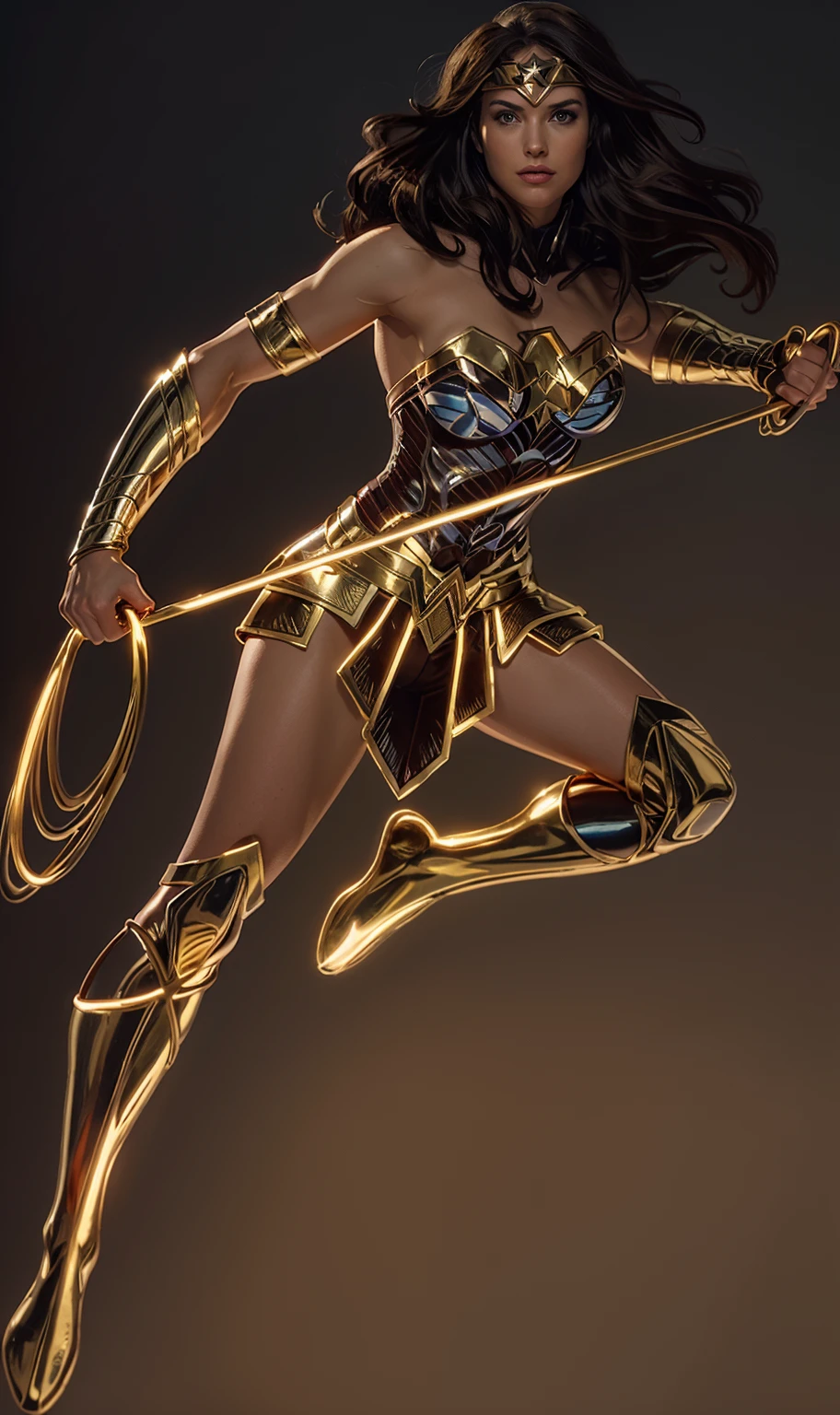 The character Wonder Woman flying in the skies,holding the golden and shiny rope, Holding your shiny golden bow, perfect costume, soft curves, bright blue eyes and gorgeous