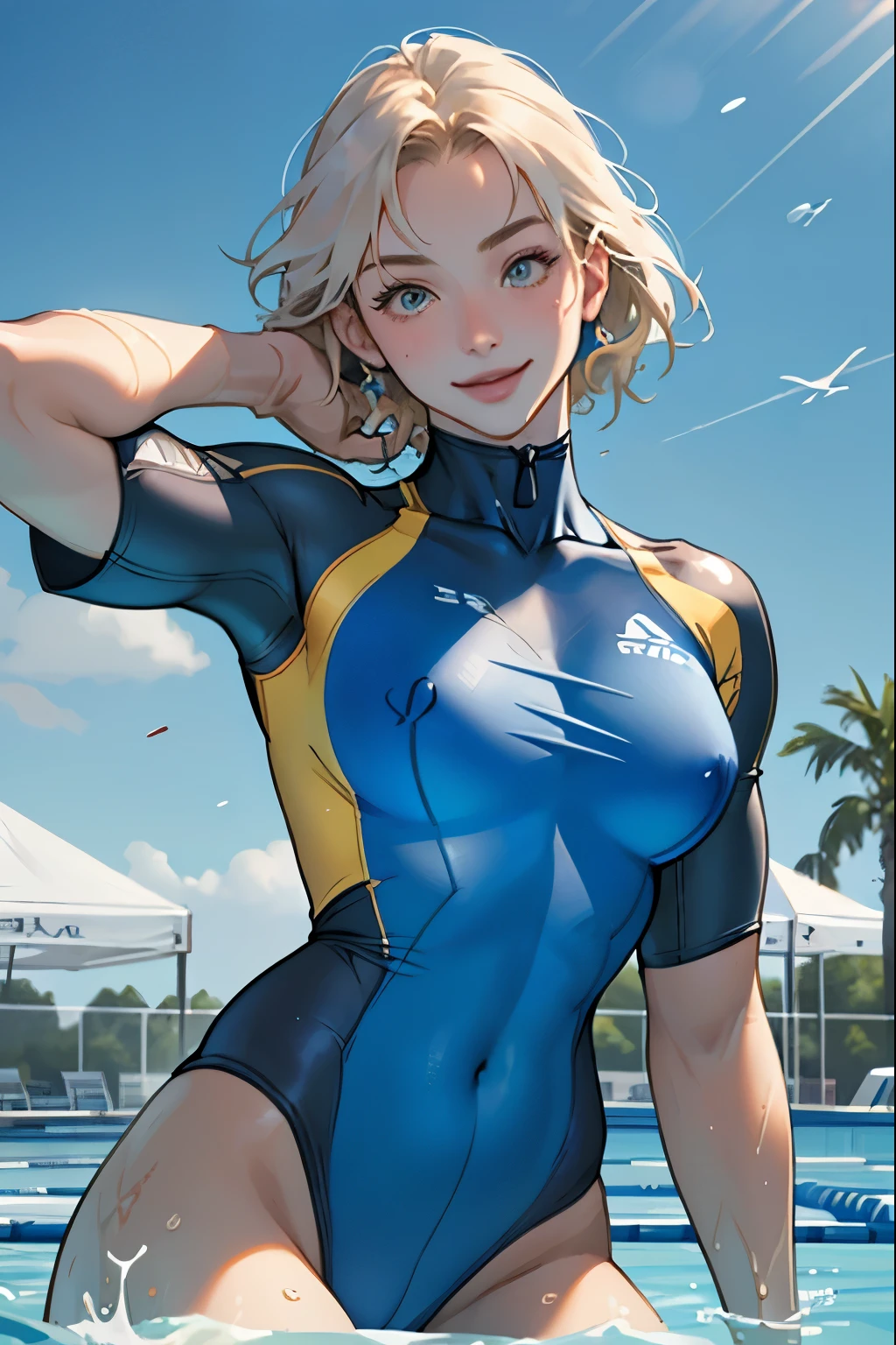 masterpiece、Highest quality、High resolution、Two realistic girls、Competitive swimmer、Close-up of a person、Wearing a blue bodysuit、During Competitive swimmerics competitions、smile、Swimming Venues、sexy competition swimwear 