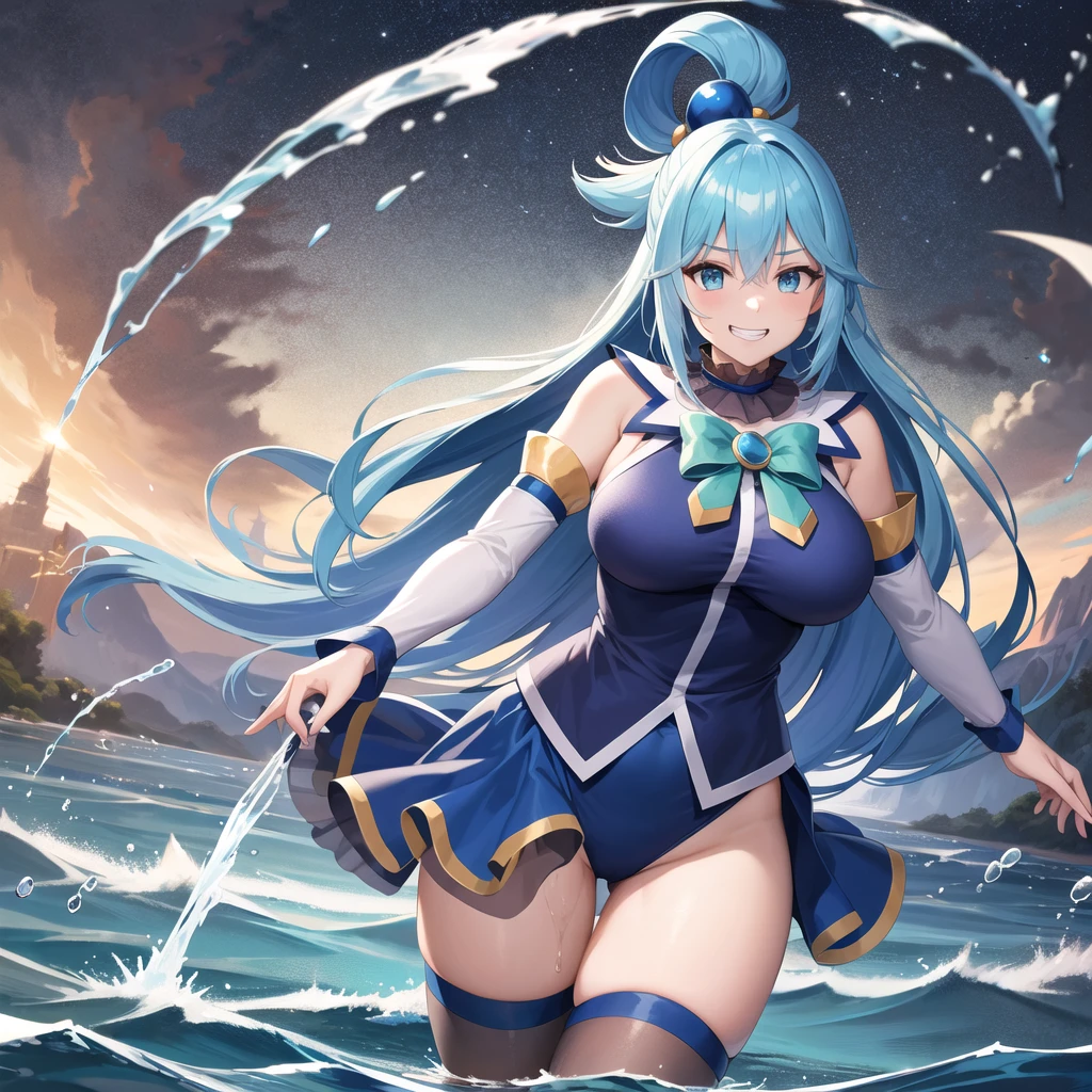 masterpiece, best quality, highres, aaaqua, long hair, blue hair, hair rings, hair ornament, choker, bare shoulders, green bow, blue shirt, detached sleeves, huge big breats, thighhighs, standing, (magic:1.2), (water:1.2), grin