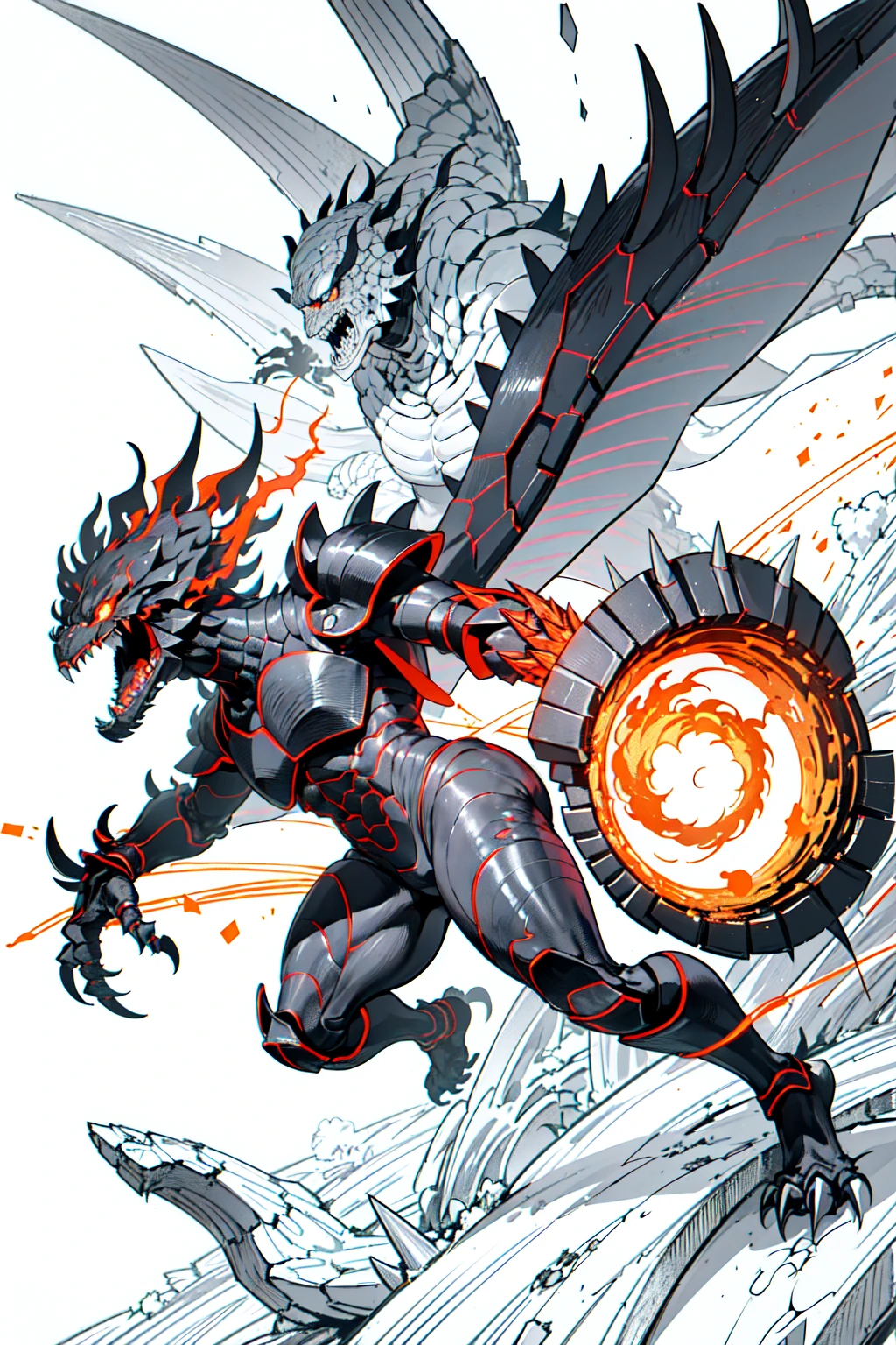 Masterpiece, line drawing background, White background, monochrome, line drawing, ((Sketch) Kaiju form of a man, Masterpiece, Best quality, 8K, Detailed skin texture, obsidian-like plates that overlap like armor reptilian head, obsidian spikes running from the forehead to the back of the neck. Four glowing amber eyes, arms with massive claws and blades, feet have three large, taloned toes, A long, whip-like tail ending in a mace-like cluster of obsidian spike, orange lines and aura in between armor. HD. city background destroyed. ultra HD, masterpiece, 4k, 8k