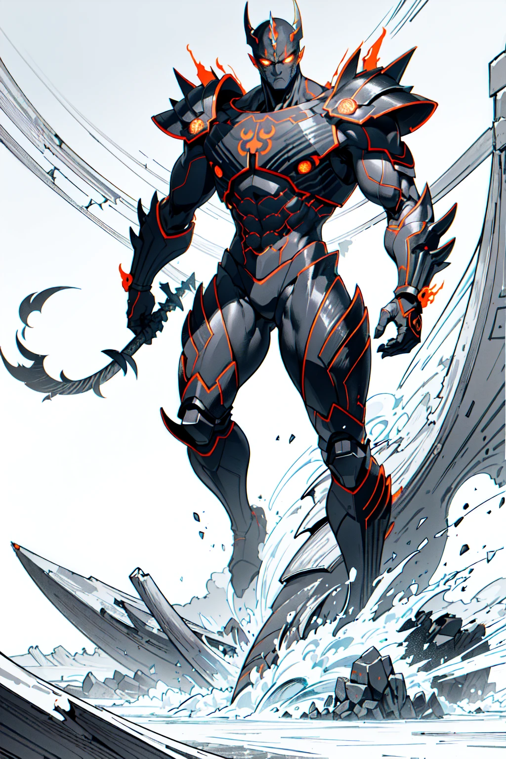 Masterpiece, line drawing background, White background, monochrome, line drawing, ((Sketch) Kaiju form of a man, Masterpiece, Best quality, 8K, Detailed skin texture, obsidian-like plates that overlap like armor reptilian head, obsidian spikes running from the forehead to the back of the neck. Four glowing amber eyes, arms with massive claws and blades, feet have three large, taloned toes, A long, whip-like tail ending in a mace-like cluster of obsidian spike, orange lines and aura in between armor. HD. city background destroyed. ultra HD, masterpiece, 4k, 8k