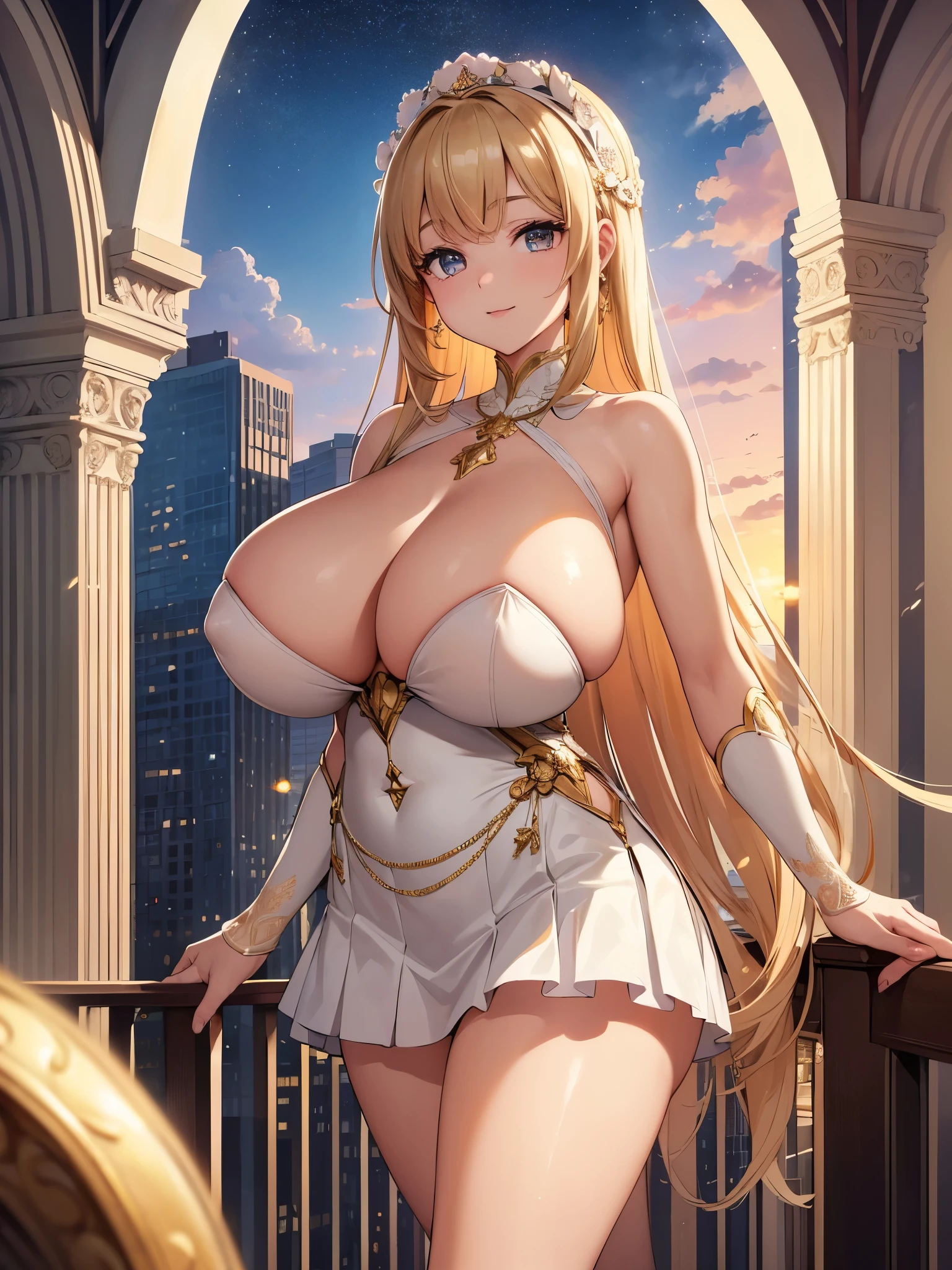 (((best quality))), ((ultra-detailed)), (((masterpiece))), (illustration), ((an extremely delicate and beautiful)), ((super detail)), ((high resolution)), (((20 years old))), gleaming skin, shiny body, two legs, breast focus, (((tall))), slender legs, ((big round eyes)), cute eyes, drooping eyes, ((adult)), two hands, five fingers, no extra hands, elegant smile, braid, medium length hair, (((ultra-huge breasts))), (shining brightly), outdoor, mini skirt, city, seductive,