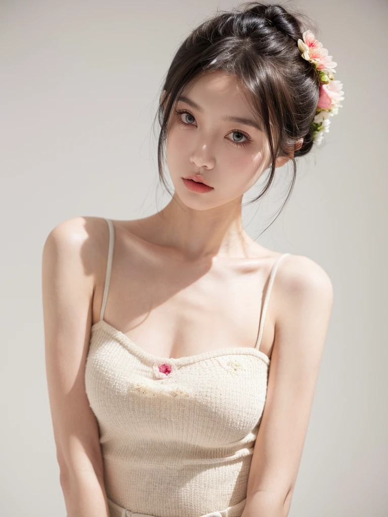 masterpiece,Best picture quality,Extreme details,Ultra-high resolution,Ultra-high definition,Beautiful young people,Glowing skin,thin,Black Hair,Half bun,1,big eyes,beautiful eyes,Lipstick,Exquisite facial features,Medium shot,Looking at the viewer, Tube Top Suspenders,Single tone background,White background,Soft light，Wear flowers on your head