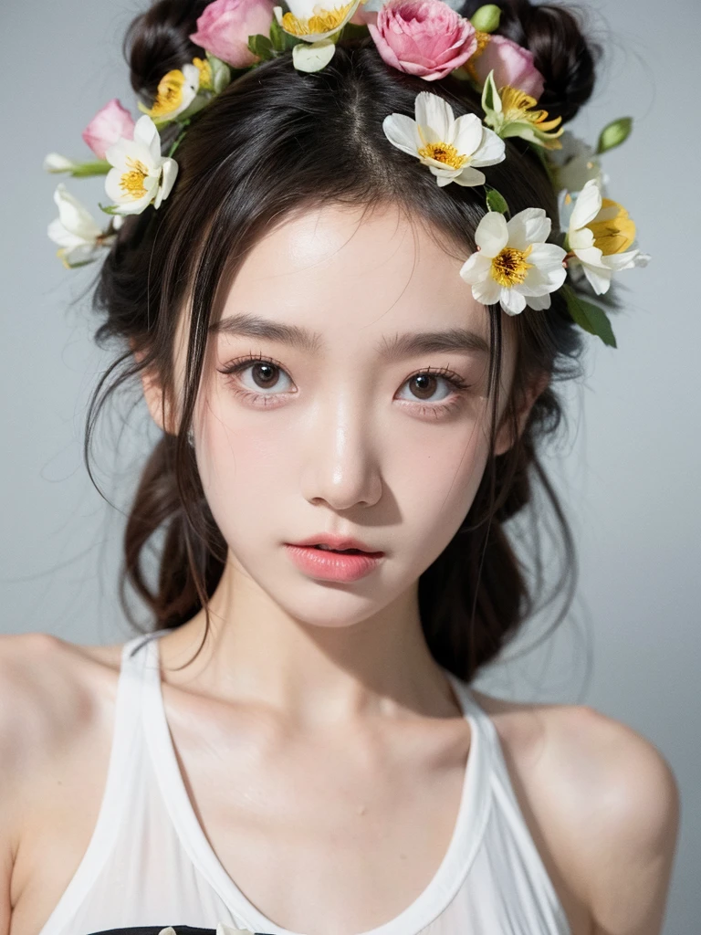 masterpiece,Best picture quality,Extreme details,Ultra-high resolution,Ultra-high definition,Beautiful young people,Glowing skin,thin,Black Hair,Half bun,1,big eyes,beautiful eyes,Lipstick,Exquisite facial features,Medium shot,Looking at the viewer, Tube Top Suspenders,Single tone background,White background,Soft light,Wear flowers on your head