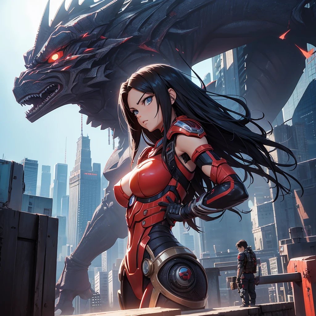 A sexy giant Battle angel alita and the eva-06, they are giants like godzilla near the city neo-Tokyo skyline
