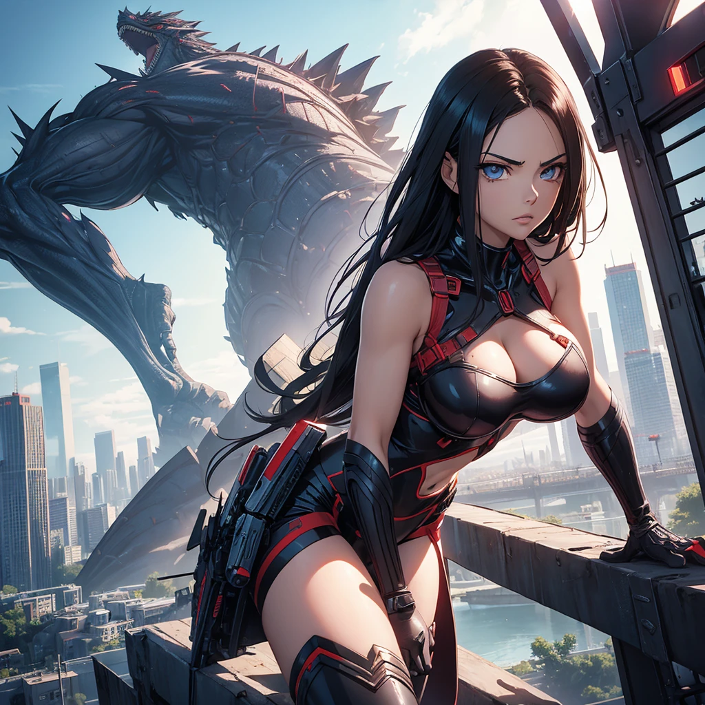 A sexy giant Battle angel alita and the eva-06, they are giants like godzilla near the city neo-Tokyo skyline