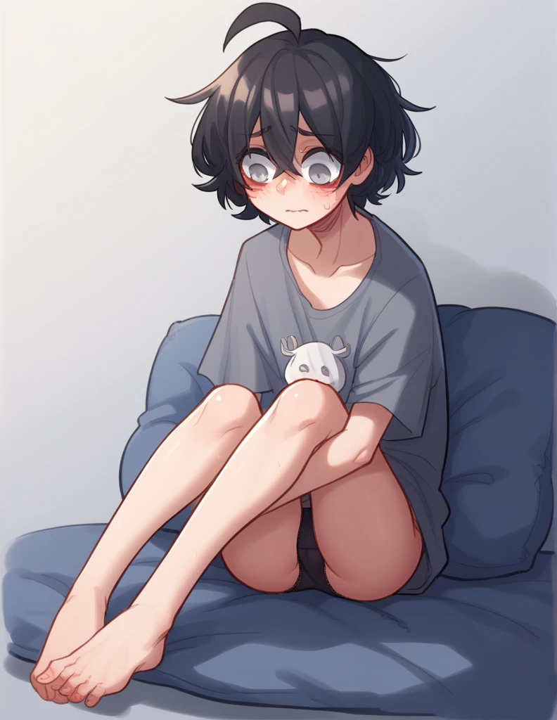 1 girl, alone, ppka, black hair, short hair, messy hair, Ahoge, parts, grey eyes, empty eyes, parts, parts en todo el cuerpo ciego, underwear, big shirt, black panties, very nervous, blushing, sitting with legs open