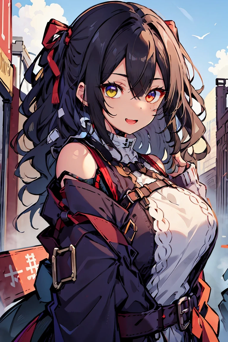 (masterpiece:1.2), (high quality:1.2), (hui xiyi:0.7)rekkyo sensen, rekkyou sensen, girls with((black hair, bangs, (one side up, long wavy hair:1.55), hand up, waving is hands, perfect hands, perfect fingers, exposed breasts, tits cleavage, breasts close up, dress((suspenders, dress:0.65), (belts:0.7), (blue clothes, frills shirt, white knit sweater, long sleeves, straps, ribbon:1.2)), upper body)), background with((fantasy world, ruin, castle, beautiful sky, shining sky, sunshine))