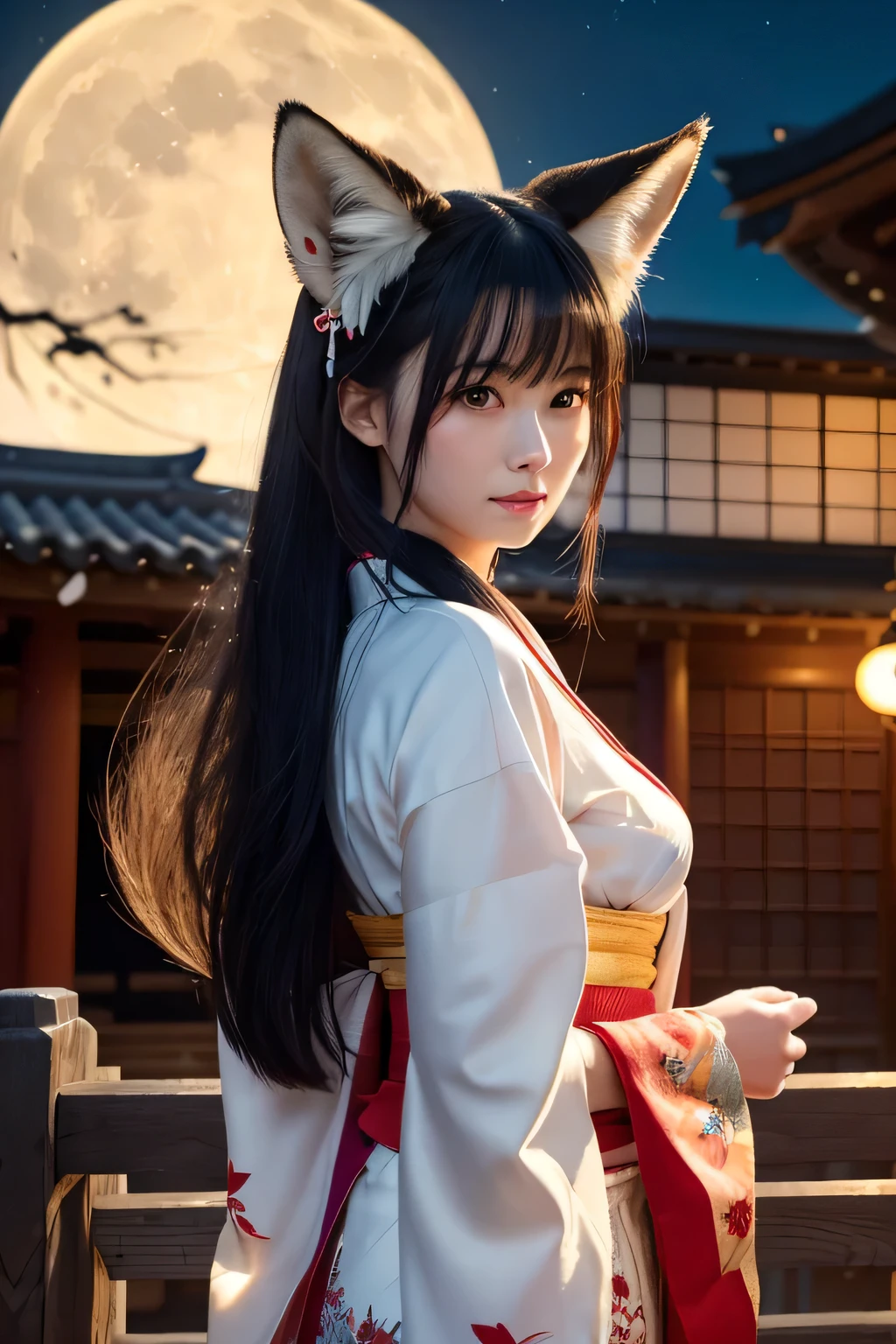 Beautiful cinematic, realistic character, beautiful soft studio lighting, rim lighting, ultra-detailed and intricate 3D rendering, vibrant details, . She is a beautiful woman with fox ears, beautiful eyes, wearing a red and white kimono with a flowing hem that sways in the wind. The obi and hem are adorned with vibrant decorations. Her long black hair sways in the wind, and she holds a Japanese fan in her hand. She has nine big fox tails and leaps over the rooftops of old Japanese houses under a large full moon.
