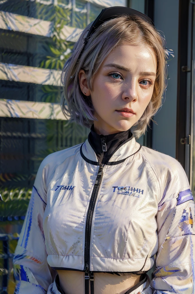 masterpiece, best quality, 4k, UHD, mishoujo, painting, beautiful eyes and detailed face, illustration, beautiful detailed, high resolution illustration, glowing_white_particles, 1girl, white hair, light purple eye, hair over one eye, short sidetail, baseball cap,expressionless, window shade, black jacket, chest rig, cyberpunk, techwear,(Impressionism:1.4), Vincent van Gogh