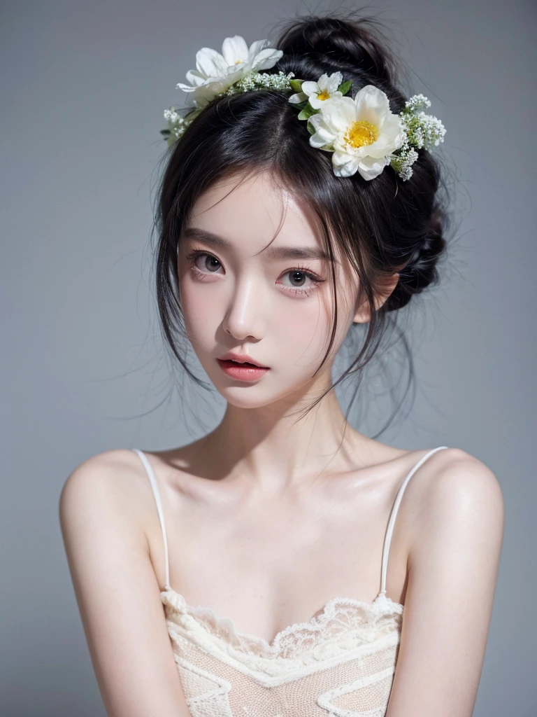 masterpiece,Best picture quality,Extreme details,Ultra-high resolution,Ultra-high definition,Beautiful young people,Glowing skin,thin,Black Hair,Half bun,1,big eyes,beautiful eyes,Lipstick,Exquisite facial features,Medium shot,Looking at the viewer, Tube Top Suspenders,Single tone background,White background,Soft light,Wear flowers on your head