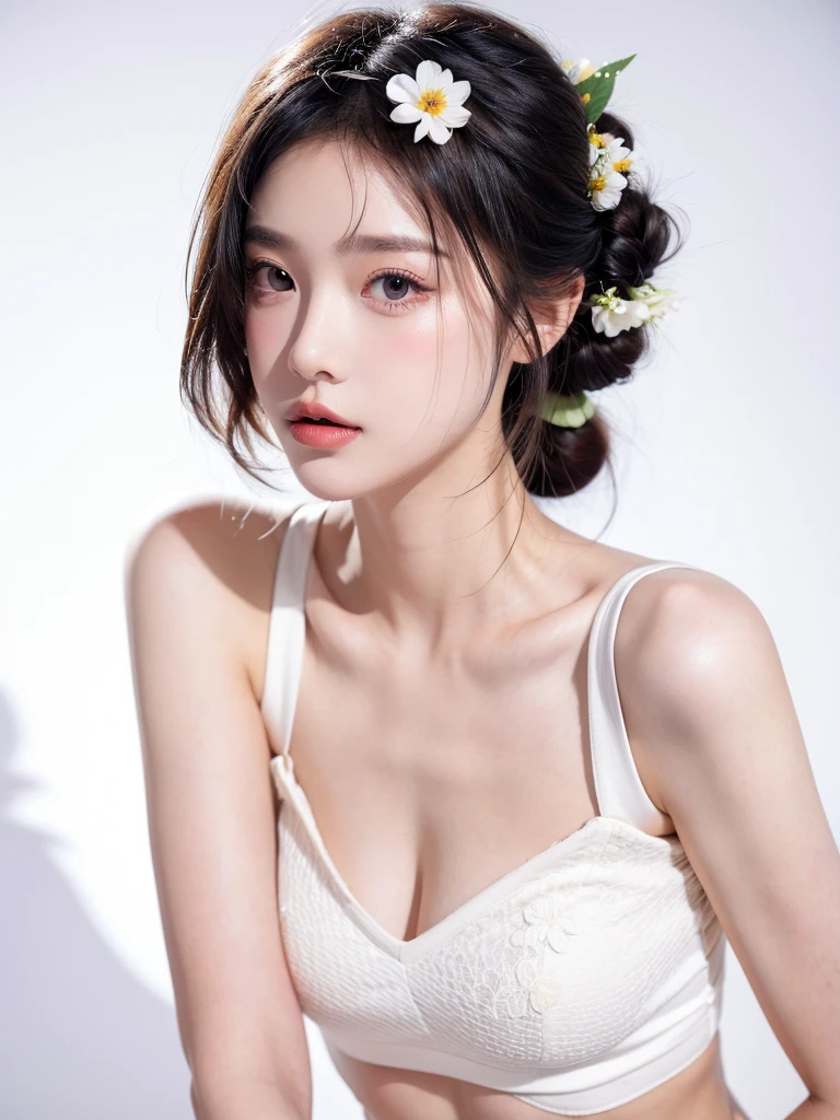 masterpiece,Best picture quality,Extreme details,Ultra-high resolution,Ultra-high definition,Beautiful young people,Glowing skin,thin,Black Hair,Half bun,1,big eyes,beautiful eyes,Lipstick,Exquisite facial features,Medium shot,Looking at the viewer, Tube Top Suspenders,Single tone background,White background,Soft light,Wear flowers on your head