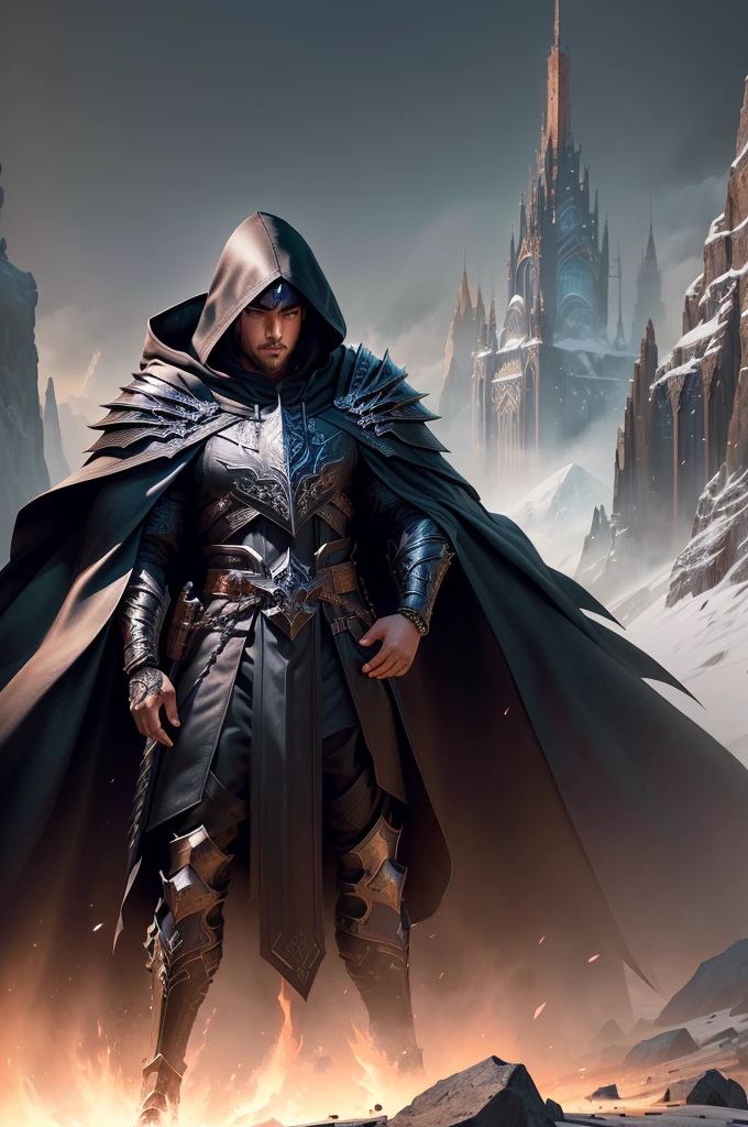 arafed man in a black outfit with a hood, hyperdetailed fantasy character, fantasy character octane render, male warrior, digital fantasy character, complex fantasy character, epic fantasy character art, trending on artstation:3, fantasy warrior, heroic fantasy character concept, high detail iconic character, stunning character art, best of artstation