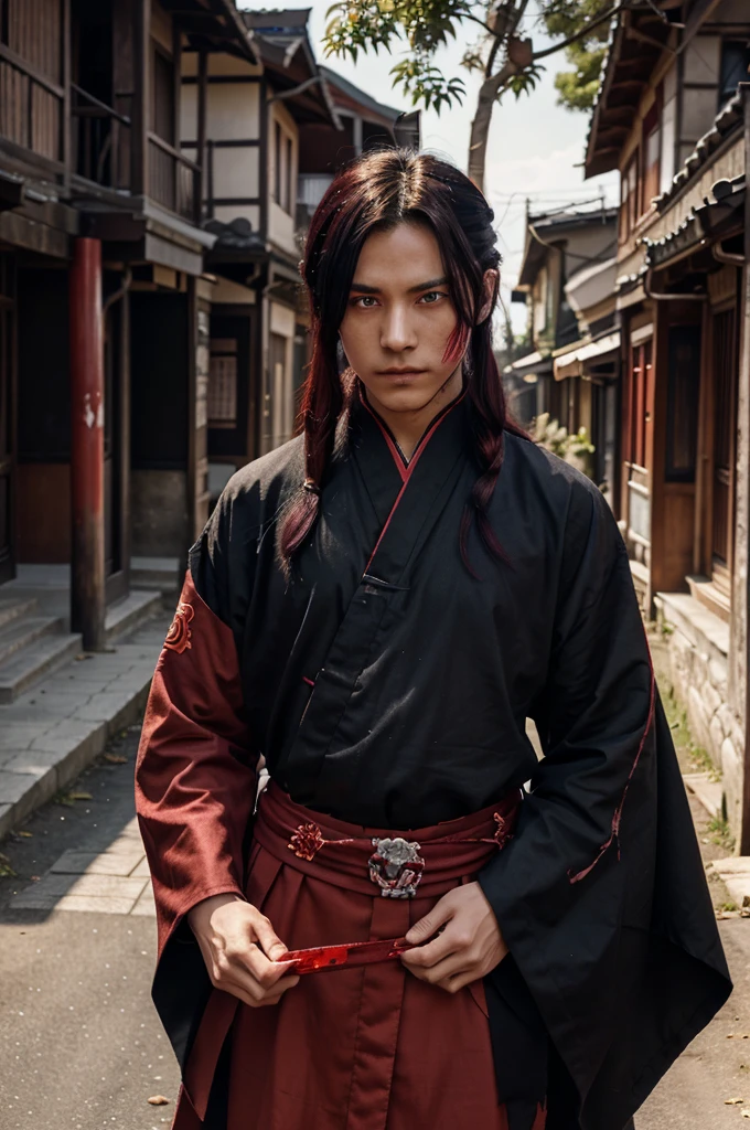 Demon slayer screencap of a male. His eyes are color red and his hair is color black. Scenery is village with sunset. He wore a red haori with a blood motif and wearing a demon slayer uniform.