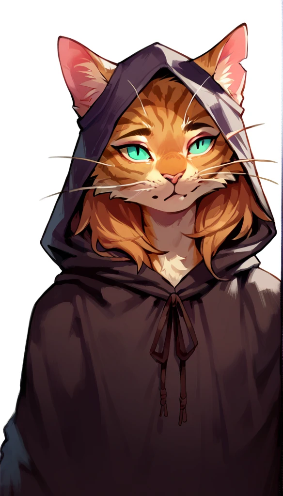 score_9, score_8_up, score_7_up, (thick lines:1.25), (clear simple background, white background, papyrus background),
((catgirl), anthro, solo, female, (closeup portrait, focus on face), (mage, sorcerer), ((wearing dark robe with hood)), (cat fur)), beautiful