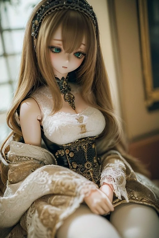 photorealistic, realistic photo, ((highest quality)), ((masterpiece)), (extremely detailed), kukolnydom, doll, (mature woman:1.7), solo, sitting on sofa, green eyes, (looking down, blank eyes, empty eyes, detailed eyes:1.3), light smile, dress, museum, 8k