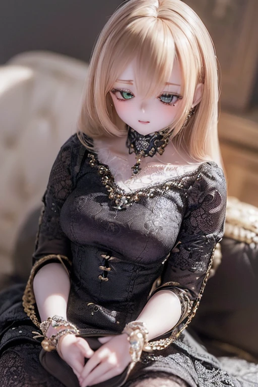 photorealistic, realistic photo, ((highest quality)), ((masterpiece)), (extremely detailed), kukolnydom, doll, (mature woman:1.7), solo, sitting on sofa, green eyes, (looking down, blank eyes, empty eyes, detailed eyes:1.3), light smile, dress, museum, 8k