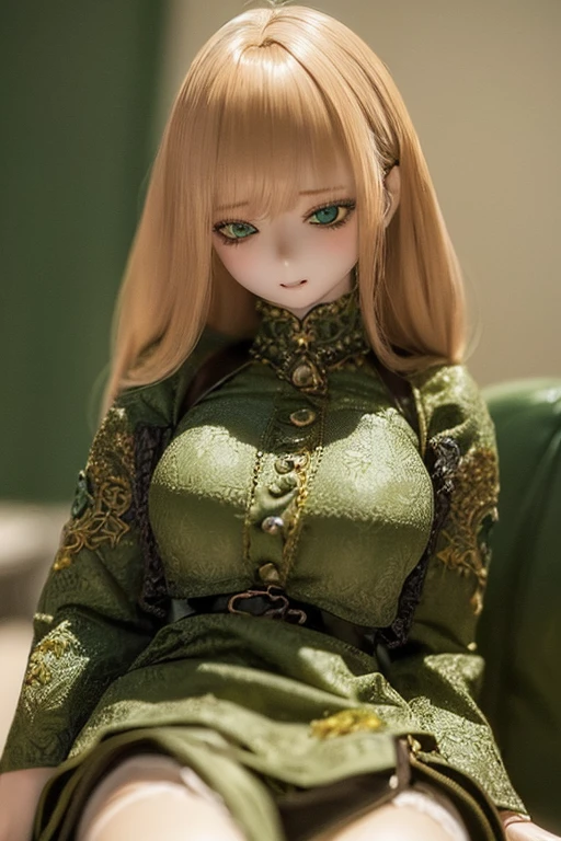 photorealistic, realistic photo, ((highest quality)), ((masterpiece)), (extremely detailed), kukolnydom, doll, (mature woman:1.7), solo, sitting on sofa, green eyes, (looking down, blank eyes, empty eyes, detailed eyes:1.3), light smile, dress, museum, 8k