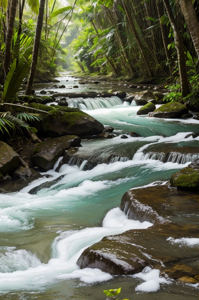 River flowing with white foamy water in jungle among the holls