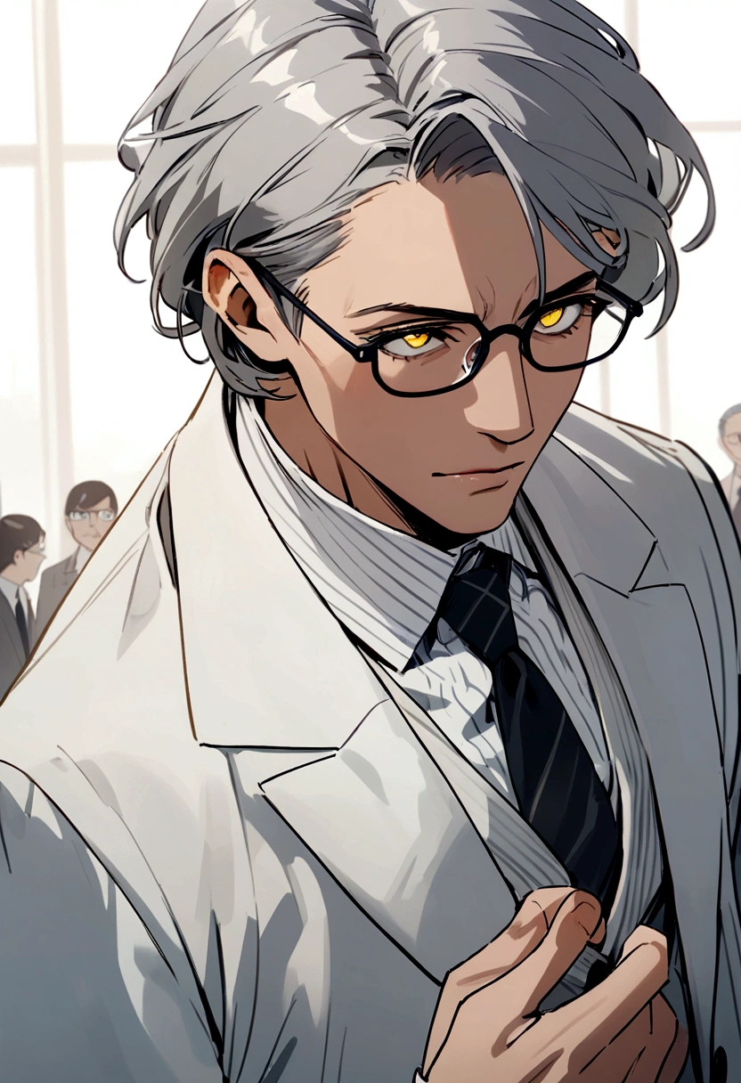 The teacher wears glasses, gray hair, yellow eyes, a suit, and a long white scientific coat.