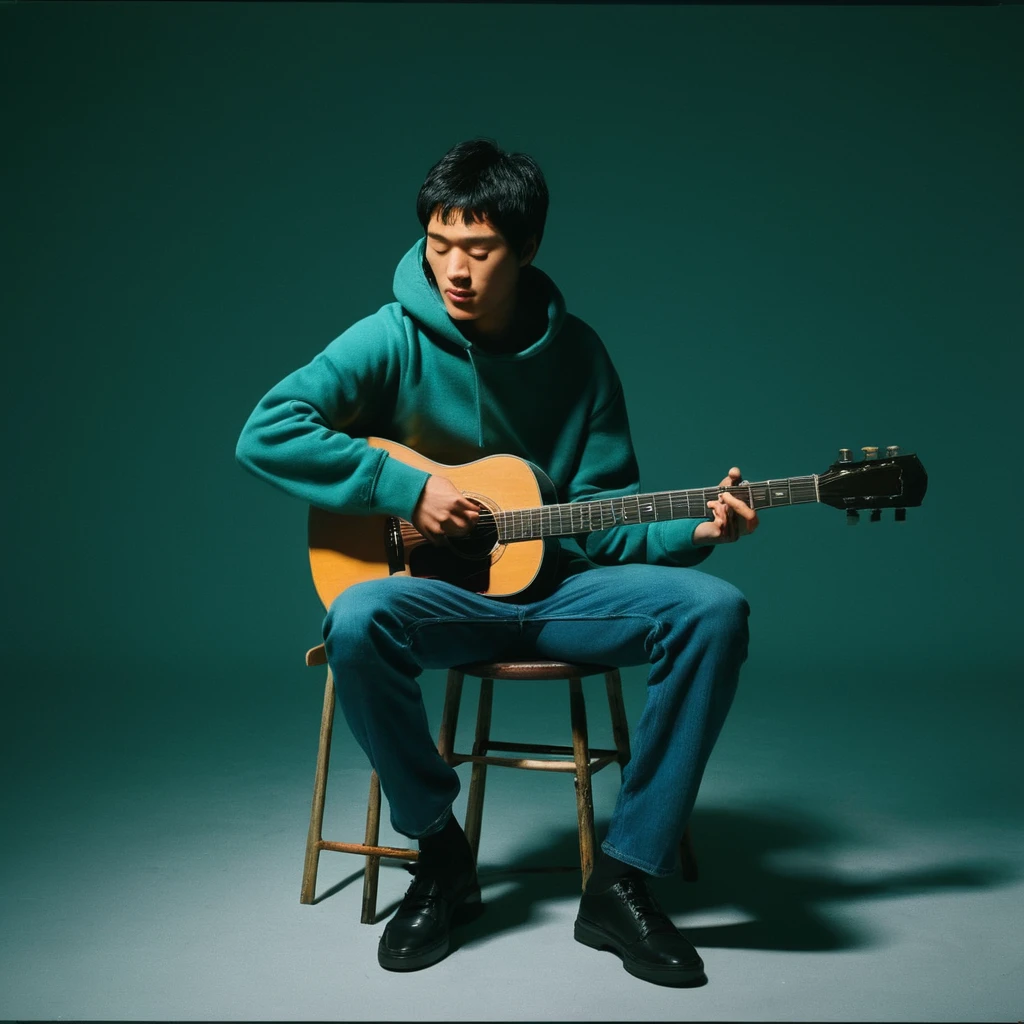 UHD, 4k, ultra detailed, cinematic, a photograph of  noise:1
Film grain still image of a asian man sitting on a stool playing a guitar,solo,short hair,shirt,black hair,1boy,sitting,hoodie,closed eyes,male focus,pants,mouth hold,instrument,cigarette,realistic,music,smoking,guitar,playing instrument , cinematic look, film look, filmic, contrast, detailed, high quality, sharp image, film color, Kodak Motion Picture Film style, different color, different people, different look, different style, 35MM Film, 16MM Film, Photographic film, music video style, artistic style, cinematic style, film granularity, film noise, image noise, artistic effect, Fujicolor, Fuji film, Analog photography, movie style, movie still, Film grain overlay, Film Grain style, epic, beautiful lighting, inpsiring