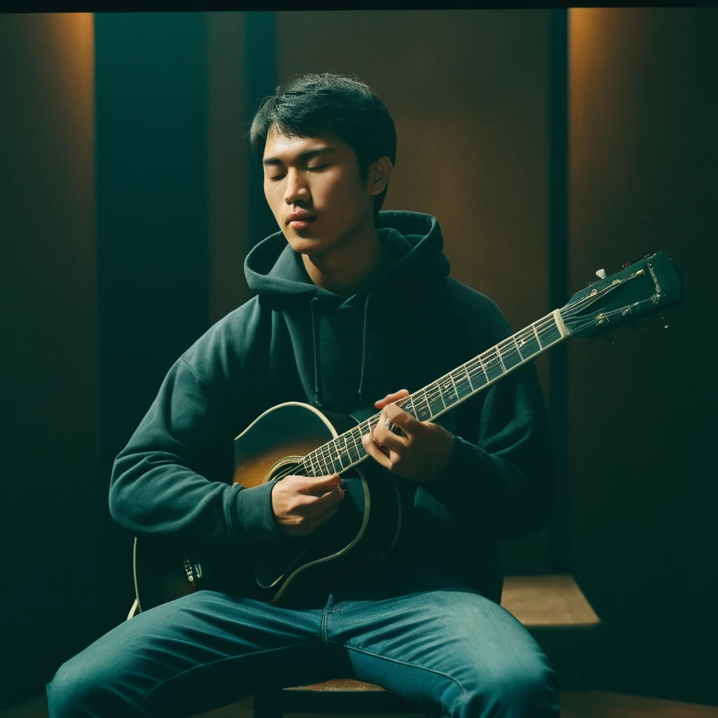 UHD, 4k, ultra detailed, cinematic, a photograph of  noise:1
Film grain still image of a asian man sitting on a stool playing a guitar,solo,short hair,shirt,black hair,1boy,sitting,hoodie,closed eyes,male focus,pants,mouth hold,instrument,cigarette,realistic,music,smoking,guitar,playing instrument , cinematic look, film look, filmic, contrast, detailed, high quality, sharp image, film color, Kodak Motion Picture Film style, different color, different people, different look, different style, 35MM Film, 16MM Film, Photographic film, music video style, artistic style, cinematic style, film granularity, film noise, image noise, artistic effect, Fujicolor, Fuji film, Analog photography, movie style, movie still, Film grain overlay, Film Grain style, epic, beautiful lighting, inpsiring