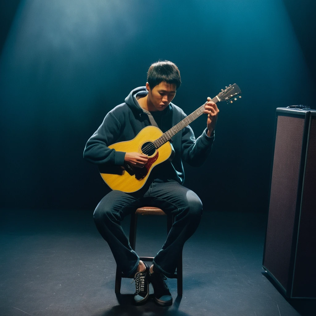 UHD, 4k, ultra detailed, cinematic, a photograph of  noise:1
Film grain still image of a asian man sitting on a stool playing a guitar,solo,short hair,shirt,black hair,1boy,sitting,hoodie,closed eyes,male focus,pants,mouth hold,instrument,cigarette,realistic,music,smoking,guitar,playing instrument , cinematic look, film look, filmic, contrast, detailed, high quality, sharp image, film color, Kodak Motion Picture Film style, different color, different people, different look, different style, 35MM Film, 16MM Film, Photographic film, music video style, artistic style, cinematic style, film granularity, film noise, image noise, artistic effect, Fujicolor, Fuji film, Analog photography, movie style, movie still, Film grain overlay, Film Grain style, epic, beautiful lighting, inpsiring