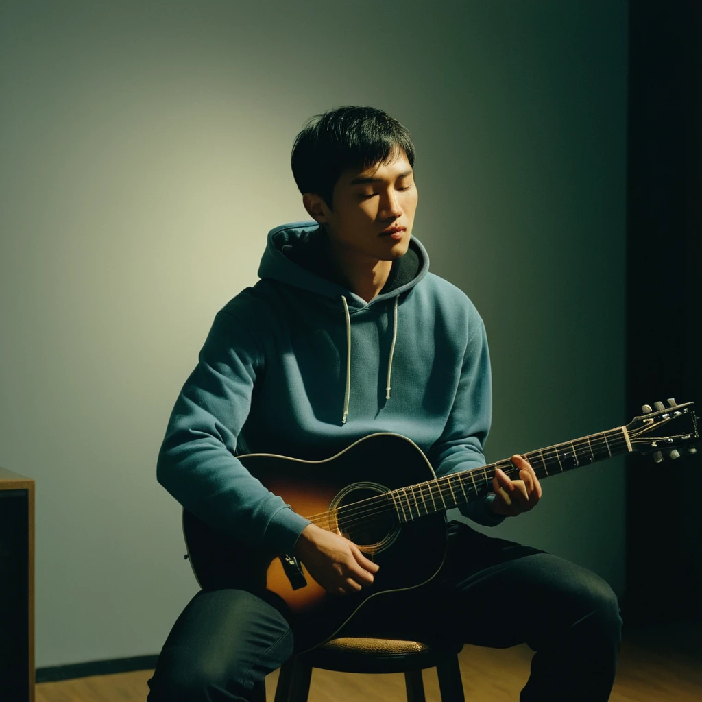 UHD, 4k, ultra detailed, cinematic, a photograph of  noise:1
Film grain still image of a asian man sitting on a stool playing a guitar,solo,short hair,shirt,black hair,1boy,sitting,hoodie,closed eyes,male focus,pants,mouth hold,instrument,cigarette,realistic,music,smoking,guitar,playing instrument , cinematic look, film look, filmic, contrast, detailed, high quality, sharp image, film color, Kodak Motion Picture Film style, different color, different people, different look, different style, 35MM Film, 16MM Film, Photographic film, music video style, artistic style, cinematic style, film granularity, film noise, image noise, artistic effect, Fujicolor, Fuji film, Analog photography, movie style, movie still, Film grain overlay, Film Grain style, epic, beautiful lighting, inpsiring