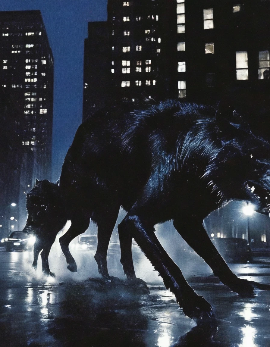 black wolves flying in new york street at night, night city background