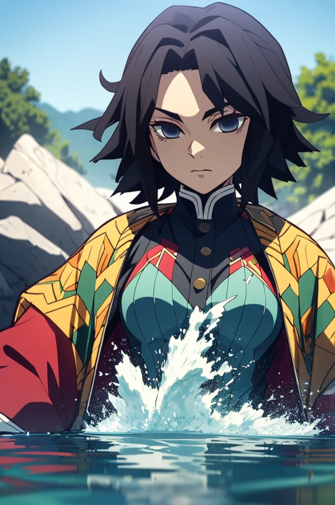 A highly detailed and high resolution masterpiece by Gyu Tomioka, Beautiful yet terrifying dynamic action from the Demon Slayer Corps. There was water in his voyirta, Highlights the intricate details of the water-themed outfit and the intense expression on her face. Set the scene at dusk, Calm lake and water in the background. Using rich colors and three-dimensional light、Expressing mysterious beauty and strength。.