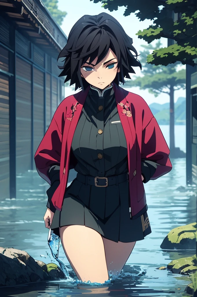 A highly detailed and high resolution masterpiece by Gyu Tomioka, Beautiful yet terrifying dynamic action from the Demon Slayer Corps. There was water in his voyirta, Highlights the intricate details of the water-themed outfit and the intense expression on her face. Set the scene at dusk, Calm lake and water in the background. Using rich colors and three-dimensional light、Expressing mysterious beauty and strength。.