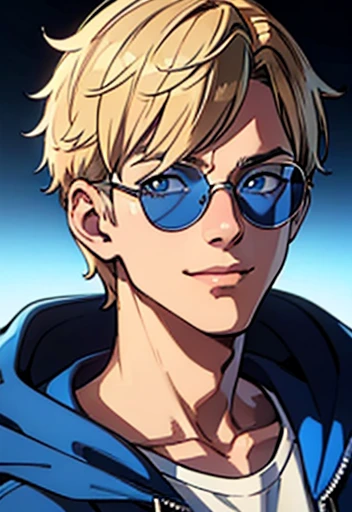 Adscent male with short messy blonde hair, eyewear, white shirt, smiling, blue pupils, larger in size, blue hoodie, detailed facial features, high quality, 8k, photorealistic, portrait, cinematic lighting, vibrant colors, dramatic shadows