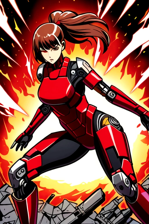 “A detailed illustration of Honami, a cyborg ninja girl, who has taken damage in battle. She has brown straight hair with bangs and is wearing a tight, modernized ninja outfit predominantly red with metallic accents. Her entire body, except for her face and chin, is metallic and mechanized with visible red cybernetic enhancements. Honami’s left arm is completely destroyed at the shoulder, and she is holding the damaged area with her right hand. Her face shows a mixture of pain and determination. The background is a chaotic battlefield with signs of destruction and fire. The scene is drawn in a manga style with bold lines and detailed shading, emphasizing the contrast between her human and cyborg elements.”