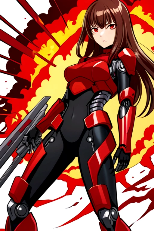 “A detailed illustration of Honami, a cyborg ninja girl, who has taken damage in battle. She has brown straight hair with bangs and is wearing a tight, modernized ninja outfit predominantly red with metallic accents. Her entire body, except for her face and chin, is metallic and mechanized with visible red cybernetic enhancements. Honami’s left arm is completely destroyed at the shoulder, and she is holding the damaged area with her right hand. Her face shows a mixture of pain and determination. The background is a chaotic battlefield with signs of destruction and fire. The scene is drawn in a manga style with bold lines and detailed shading, emphasizing the contrast between her human and cyborg elements.”