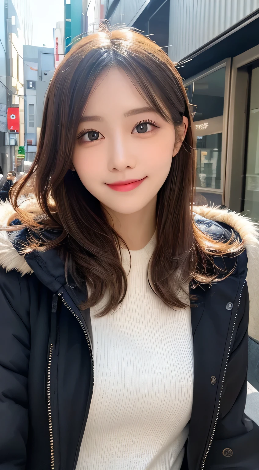 Tabletop, Highest quality, shape, Very detailed, finely, High resolution, 8k wallpaper, Perfect dynamic shape, Beautiful and detailed, Tokyo Trends冬ファッション,Tokyo Trends＆Random cute hairstyles, Small breasts, Natural color lip, Random sexy poses,Cute Smile,20-year-old girl、Beautiful and elaborate face、Perfect and beautiful face,Big eyes、Wear a fluffy black outerwear with fur、Beautiful and elaborate face、Perfect and beautiful double eyelids、Blur the background、Perfect and beautiful face、Feminine poses、Blur the background、Slim face and figure、Blur the background